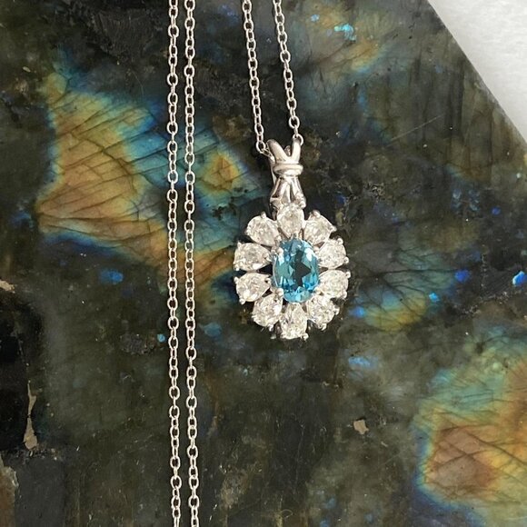 Sterling Silver 925 Thailand Oval Blue Topaz CZ Halo Pendant Necklace 18